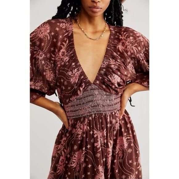NWT Free People Golden Hour Boho Border Maxi Dress in Pink Chocolate Combo - Picture 3 of 8